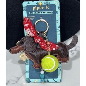 Piper K Dachshund Dog Bag Charm Key Chain Red Bandana Tennis Ball Beaded NEW